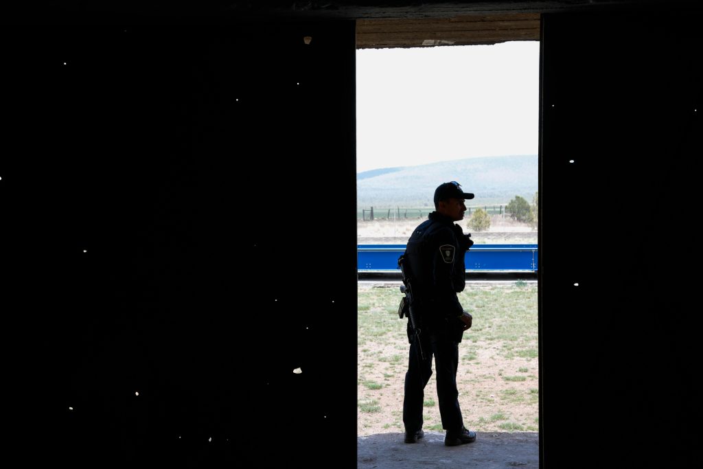 Silhouetted police officer in uniform stands in doorway with a scenic outdoor background.