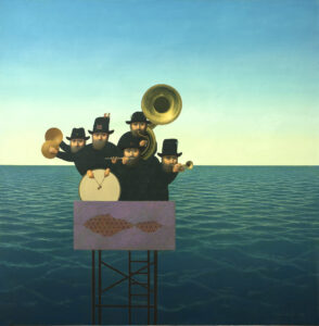 músicos tocan sobre el mar, pintura