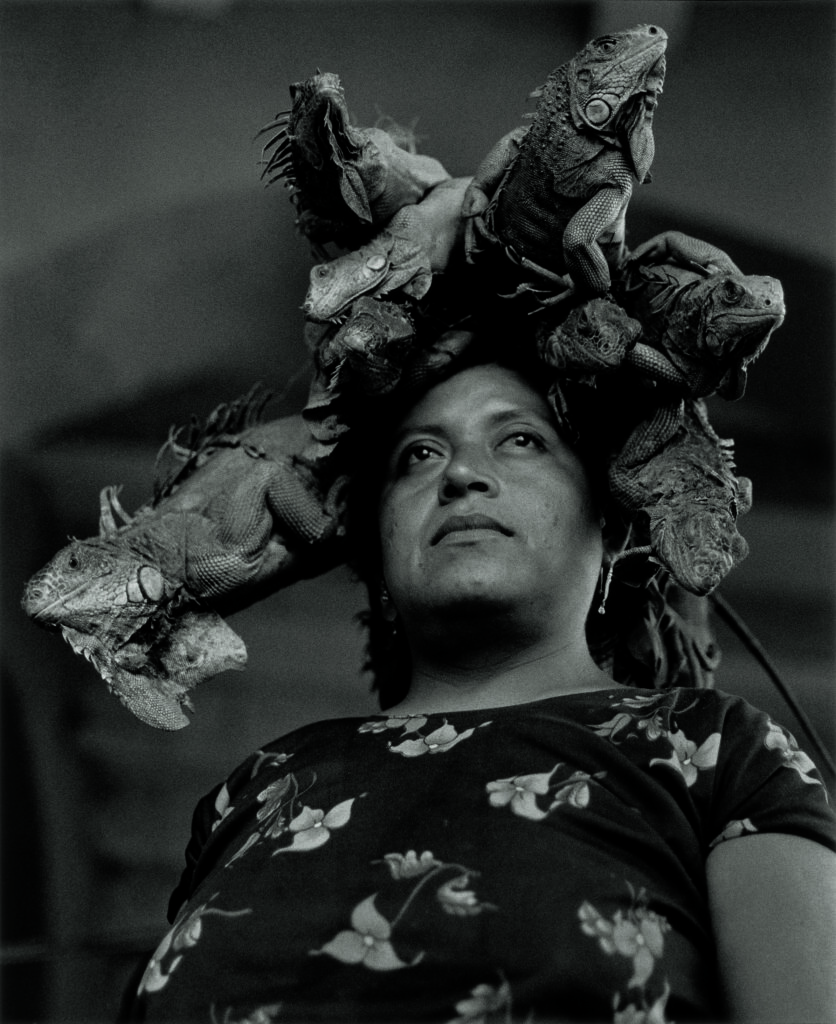 mujer con iguanas en la cabeza